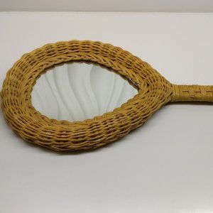 Vintage Wicker Dresser Vanity Hand Held Mirror Wall Hanging 14.5" x 8.5"